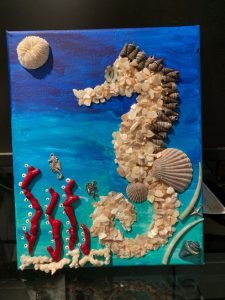 Seahorse Shell Art Mixed Media Acrylic Paint and Seashells on Canvas Class at ArtSea Living in Boynton Beach Florida