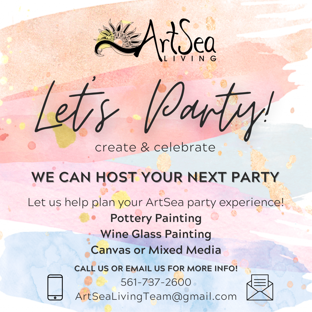 ArtSea Living Party & Event Venue in Boynton Beach Florida, Art Party, Pottery Painting, Ceramics, Sip & Paint, Canvas Painting, Wine Glass Painting, Art Classes
